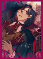 Rule 34 | 1boy, absurdres, alternate eye color, arm above head, ascot, beads, bed sheet, black capelet, black hair, black jacket, blood, blood on clothes, blood on hands, blood splatter, border, bowl, brooch, brown vest, butter knife, cake, capelet, commentary request, fixer (vocaloid), food, fork, glint, hair between eyes, hand on own chest, hand up, highres, jacket, jewelry, knife, long sleeves, looking at viewer, low ponytail, lying, male focus, mandarin collar, medium hair, miyuu (benika27), monocle, nijisanji, on back, on bed, parted lips, pink blood, pink border, plate, red ascot, red eyes, shellin burgundy, shirt, smile, solo, song name, stab, teeth, upper body, upper teeth only, vest, virtual youtuber, white shirt