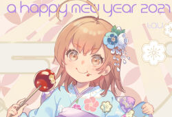 Rule 34 | 1girl, 2021, ahoge, blue kimono, brown eyes, brown hair, candy apple, child, close-up, closed mouth, english text, fingernails, floral background, flower, food, food on face, furisode, hair flower, hair ornament, happy new year, holding, holding clothes, holding food, japanese clothes, kimono, last order (toaru majutsu no index), new year, portrait, print kimono, purple sash, short hair, signature, smile, solo, tautiki, toaru majutsu no index