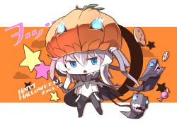 Rule 34 | 10s, 1girl, abyssal ship, bad id, bad pixiv id, blue eyes, bodysuit, chibi, gloves, halloween, i-class destroyer, kantai collection, long hair, pale skin, pemu, personification, pomon illust, pumpkin hat, silver hair, solo, wo-class aircraft carrier