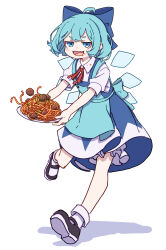 Rule 34 | 1girl, absurdres, ahoge, apron, black footwear, blue apron, blue bow, blue dress, blue eyes, blue hair, blush, bow, cirno, collared shirt, detached wings, dress, fairy, fang, food, food on clothes, food on face, full body, hair bow, highres, ice, ice wings, kame (kamepan44231), meatball, one-hour drawing challenge, open mouth, pasta, pinafore dress, shirt, shoes, short hair, short sleeves, simple background, skin fang, sleeveless dress, smile, socks, solo, spaghetti, touhou, white background, white shirt, white socks, wings
