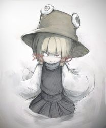 Rule 34 | 1girl, blonde hair, blunt bangs, brown hat, gradient background, grey background, hair ribbon, hat, hikaterujapan, long sleeves, looking at viewer, moriya suwako, muted color, no nose, purple vest, pyonta, red eyes, red ribbon, ribbon, shirt, short hair, skirt, smile, solo, touhou, traditional media, turtleneck, upper body, vest, white background, white shirt, wide sleeves