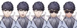 Rule 34 | 1boy, alchemy stars, black hair, expressions, facial scar, formal, highres, looking at viewer, magicxbai, male focus, multiple views, official alternate costume, pittman (alchemy stars), portrait, scar, scar on cheek, scar on face, short hair, suit, sunglasses