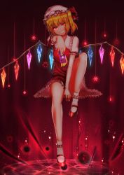 Rule 34 | absurdres, card, embodiment of scarlet devil, flandre scarlet, highres, holding, holding card, leg up, looking at viewer, millennium, red eyes, smile, solo, touhou, wings