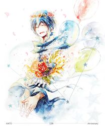 Rule 34 | 1boy, absurdres, aquarius (constellation), azusa415, balloon, blue hair, blue scarf, bouquet, closed eyes, coat, commentary, constellation, english commentary, facing viewer, flower, flower wreath, highres, holding, holding bouquet, kaito (vocaloid), male focus, open mouth, rose, scarf, smile, solo, star (sky), traditional media, upper body, vocaloid, white background, white coat