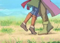 Rule 34 | 2boys, bad id, bad pixiv id, blue pants, boots, brown footwear, brown pants, camus (dq11), day, dragon quest, dragon quest xi, grass, green jacket, hero (dq11), hug, jacket, male focus, mondi hl, multiple boys, outdoors, pants, red scarf, scarf, shoes, sky, standing, yaoi