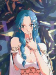 Rule 34 | 1girl, absurdres, arabian clothes, armlet, blue hair, bow, braid, breasts, cleavage, dress, gem, hair bow, hair ornament, highres, jewelry, large breasts, midriff, nail polish, necklace, nefertari vivi, one piece, opalis, white dress