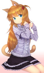 Rule 34 | 1girl, adjusting hair, animal ears, blonde hair, blue eyes, cat ears, cat tail, frills, gradient background, highres, one side up, original, sitting, skirt, sleeves past wrists, smile, solo, tail, tying hair, zizi (zz22)