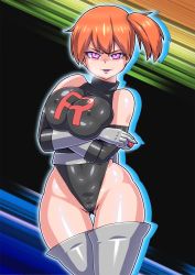 Rule 34 | 1girl, alternate breast size, black leotard, breast press, breasts, breasts squeezed together, corruption, creatures (company), curvy, game freak, gen 1 pokemon, gym leader, heavy breathing, highleg, highleg leotard, highres, holding, holding poke ball, hypnosis, large breasts, latex, leotard, mind control, misty (pokemon), nintendo, nipples, no0o0n0o0on, orange hair, pale skin, partially visible vulva, pink eyes, poke ball, pokemon, pokemon rgby, revealing clothes, shiny clothes, shiny skin, side ponytail, skin tight, solo, team rocket, thighhighs, thighs, wide hips