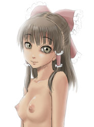 Rule 34 | 1girl, ao usagi, bloom, bow, breasts, brown eyes, brown hair, collarbone, hair bow, hair tubes, hakurei reimu, long hair, nipples, nude, simple background, small breasts, solo, touhou, upper body, white background