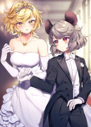 Rule 34 | 2girls, animal ears, black pants, blonde hair, blush, breasts, buttons, closed mouth, collarbone, commission, dress, elbow gloves, flat chest, gloves, grey hair, highres, jewelry, long sleeves, medium breasts, mouse ears, multiple girls, nazrin, necklace, open mouth, pants, red eyes, shirt, short hair, skeb commission, smile, tomobe kinuko, toramaru shou, touhou, white dress, white gloves, white shirt, yellow eyes