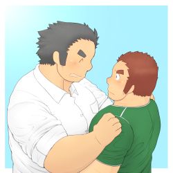 Rule 34 | 2boys, 3c pan, ^ ^, bara, blush, brown hair, casual, closed eyes, closed eyes, facial hair, facial scar, facing another, from side, green shirt, grey hair, tamamura gunzo, hands on another&#039;s shoulders, highres, large pectorals, long sideburns, looking at another, male focus, protagonist 3 (housamo), multiple boys, muscular, muscular male, pectorals, scar, scar on cheek, scar on face, shirt, short hair, sideburns, sleeves rolled up, spiked hair, stubble, sweatdrop, thick eyebrows, tokyo houkago summoners, yaoi