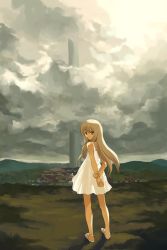 Rule 34 | 1girl, arms behind back, bare shoulders, blonde hair, cloud, dress, from behind, green eyes, long hair, looking back, natori (natorism), original, sandals, scenery, see-through, see-through silhouette, skirt, sky, smile, solo, space elevator, sundress, sunlight, town, village, white dress, white skirt