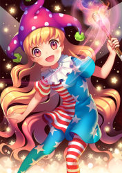 Rule 34 | 1girl, american flag dress, american flag legwear, blonde hair, blush, clownpiece, dress, fairy wings, fire, happy, hat, highres, hinome, jester cap, long hair, looking at viewer, neck ruff, open mouth, pantyhose, polka dot, red eyes, short dress, short sleeves, smile, solo, star (symbol), star print, striped clothes, striped pantyhose, torch, touhou, very long hair, wavy hair, wings
