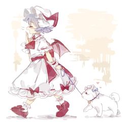 Rule 34 | 1girl, animal, animalization, bat wings, bell, blue bow, blue collar, blue hair, blush, bobby socks, bow, braid, brooch, closed eyes, collar, commentary, dog, pet walking, dress, dress bow, footwear bow, frilled collar, frilled dress, frills, full body, hand to own mouth, hand up, hat, hat bow, heart, highres, holding, holding leash, inu sakuya (nejikirio), izayoi sakuya, jewelry, jingle bell, leash, long dress, maid headdress, mob cap, neck bell, open mouth, outstretched arm, pet, profile, puffy short sleeves, puffy sleeves, puppy, red bow, red footwear, red neckwear, red sash, remilia scarlet, sash, shoes, short hair, short sleeves, socks, sorani (kaeru0768), touhou, walking, white dog, white dress, white headwear, white legwear, wings, wrist cuffs, yawning