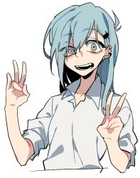 Rule 34 | 10s, 1girl, aqua hair, bad id, bad pixiv id, bags under eyes, ear piercing, earrings, green eyes, hair ornament, hairclip, jewelry, kantai collection, long hair, open mouth, piercing, sleeves pushed up, smile, solo, suzuya (kancolle), v, yarawi