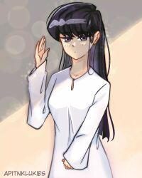 1girl apitnklukies black_hair closed_mouth highres komi-san_wa_komyushou_desu komi_shouko long_hair long_sleeves looking_at_viewer malaysian_clothes malaysian_secondary_school_uniform purple_eyes school_uniform shirt sleeves_past_wrists solo white_shirt