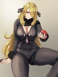 Rule 34 | 1girl, alternate breast size, arm support, blonde hair, breasts, cleavage, coat, commentary request, creatures (company), cynthia (pokemon), eyelashes, fur-trimmed coat, fur collar, fur trim, game freak, grey eyes, hair ornament, hair over one eye, highres, holding, holding poke ball, large breasts, long hair, long sleeves, nintendo, panties, pantyhose, parted lips, poke ball, poke ball (basic), pokemon, pokemon dppt, sitting, solo, spread legs, underwear, v-neck, wavy hair, yamamori kinako