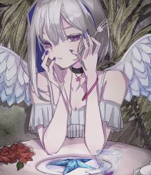 Rule 34 | 1girl, amane kanata, angel, angel wings, armlet, asymmetrical hair, bare shoulders, black neckwear, blue eyes, blue hair, blue nails, bracelet, choker, collarbone, colored eyelashes, colored inner hair, crossed bangs, cup, dress, drinking glass, eating, elbows on table, eyelashes, feathered wings, fingernails, flower, food, fork, frilled dress, frilled sleeves, frills, grey hair, half-closed eyes, hands on own cheeks, hands on own face, highres, holding, holding fork, holding knife, holding utensil, hololive, jewelry, knife, long fingernails, matsushima dayo, multicolored hair, nail polish, pale skin, pendant, pendant choker, pink bracelet, pink pupils, pinstripe dress, pinstripe pattern, plate, pout, red flower, red rose, rose, shirt, short sleeves, sidelocks, single hair intake, solo, spaghetti strap, star (symbol), star choker, starfish, striped, table, thick eyelashes, utensil, virtual youtuber, white shirt, wings