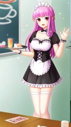 Rule 34 | 1girl, :d, apron, black neckwear, black shirt, black skirt, breasts, cake, chalkboard, classroom, cleavage, collarbone, detached collar, doukyuusei, doukyuusei another world, fishnet thighhighs, fishnets, food, frilled skirt, frills, game cg, glass, hair ribbon, holding, holding plate, indoors, long hair, looking at viewer, maid, maid headdress, medium breasts, miniskirt, official art, open mouth, pink hair, plate, pleated skirt, red eyes, ribbon, sakuragi mai, shirt, short sleeves, skirt, smile, solo, sparkle, standing, thighhighs, underbust, very long hair, waving, white apron, white thighhighs, wrist cuffs, yellow ribbon, zettai ryouiki