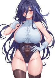 Rule 34 | 1girl, alternate costume, black corset, black thighhighs, blue hair, breasts, clorinde (genshin impact), commentary request, corset, covered navel, dark blue hair, dress shirt, elbow gloves, fold-over gloves, genshin impact, gloves, gluteal fold, hair between eyes, hand on own hip, highres, huge breasts, long hair, long hair between eyes, messy, multicolored hair, paid reward available, pinkcap, purple eyes, shirt, sleeveless, sleeveless shirt, streaked hair, thighhighs, white background, white gloves, white shirt