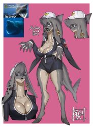 Rule 34 | 1girl, absurdres, animal feet, armband, artist name, barefoot, baseball cap, basking shark, black jumpsuit, border, breasts, bugita, cetacean tail, cleavage, collarbone, colored skin, cropped torso, cross, ear piercing, english text, female focus, fins, fish girl, fish tail, full body, furry, furry female, grey eyes, grey skin, hands up, hat, head fins, highres, jumpsuit, korean text, large breasts, legs, long sleeves, looking at viewer, mixed-language text, monster girl, multicolored skin, multiple views, original, outside border, personification, piercing, pink background, profile, reference inset, ringed eyes, shark girl, shiny skin, short jumpsuit, signature, skin tight, standing, tail, thick thighs, thighs, translation request, two-tone skin, upper body, webbed hands, white border, white headwear, wide-eyed, zipper pull tab