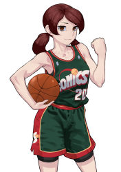 Rule 34 | 1girl, ball, bare arms, bare shoulders, basketball, basketball (object), basketball uniform, bike shorts, black shorts, brown eyes, brown hair, carrying, carrying under arm, clenched hand, closed mouth, collarbone, commission, green shirt, green shorts, hand up, long hair, looking at viewer, low twintails, original, rggr, shirt, short shorts, shorts, shorts under shorts, simple background, skeb commission, sleeveless, sleeveless shirt, smile, solo, sportswear, swept bangs, twintails, white background