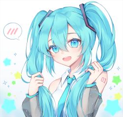 Rule 34 | 1girl, :d, bare shoulders, blue eyes, blue hair, blue necktie, blush, collared shirt, commentary, detached sleeves, gradient background, grey background, grey sleeves, hair between eyes, hair ornament, hands up, hatsune miku, holding, holding hair, long hair, long sleeves, looking at viewer, necktie, open mouth, pong (vndn124), puffy long sleeves, puffy sleeves, see-through, see-through sleeves, shirt, sleeveless, sleeveless shirt, smile, solo, sparkle, spoken blush, star (symbol), starry background, teeth, twintails, upper body, upper teeth only, vocaloid, white background, white shirt