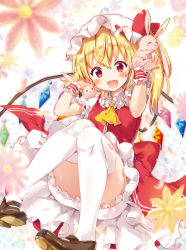 Rule 34 | 1girl, :3, :d, ascot, blonde hair, bloomers, blush, brown footwear, convenient leg, fang, flandre scarlet, hat, hat ribbon, looking at viewer, mary janes, mob cap, open mouth, rabbit, red eyes, red ribbon, red skirt, ribbon, riichu, shoes, short sleeves, side ponytail, sitting, skirt, skirt set, smile, solo, thighhighs, touhou, underwear, vest, white thighhighs, wings, wrist cuffs