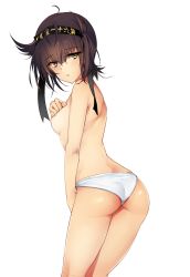 Rule 34 | 10s, 1girl, ass, back, bba1985, black hair, breasts, brown eyes, covering privates, covering breasts, hair between eyes, hair flaps, hairband, hatsuzuki (kancolle), highres, kantai collection, panties, simple background, solo, standing, topless, underwear, underwear only, white background, white panties