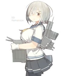 Rule 34 | 10s, breast rest, breasts, character name, fuu fuu, gloves, hair ornament, hair over one eye, hairclip, hamakaze (kancolle), kantai collection, large breasts, looking at viewer, machinery, pantyhose, school uniform, serafuku, short hair, simple background, skirt, solo, white hair