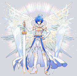 Rule 34 | 1boy, ahoge, alternate color, armor, belt, bishounen, blue belt, blue hair, boots, breastplate, cape, commentary, commentary request, energy sword, expressionless, feathered wings, fingerless gloves, full body, furrowed brow, gloves, gold trim, granblue fantasy, grey background, hair between eyes, hand on own hip, high heel boots, high heels, highres, holding, holding sword, holding weapon, hood, hood down, k4m, light frown, light particles, light rays, male focus, messy hair, multiple wings, pants, red eyes, sandalphon (granblue fantasy), short hair, solo focus, sword, weapon, white armor, white cape, white pants, white wings, wings