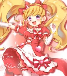 Rule 34 | 1girl, :d, asahina mirai, blonde hair, bow, character name, choker, cowboy shot, cure miracle, cure miracle (ruby style), earrings, elbow gloves, gloves, hair bow, hat, heart, heart earrings, highres, ichima (pixiv), jewelry, long hair, looking at viewer, magical girl, mahou girls precure!, mini hat, mini witch hat, open mouth, pink hat, precure, purple eyes, red bow, ruby style, skirt, smile, solo, striped, striped bow, thighhighs, twintails, white gloves, white thighhighs, witch hat