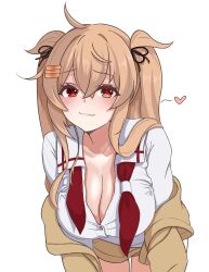 Rule 34 | 1girl, absurdres, ahoge, all fours, breasts, brown eyes, brown sweater, hair flaps, hair ornament, hairclip, heterochromia, highres, kantai collection, large breasts, light brown hair, long hair, murasame (jhrdtc), murasame (kancolle), murasame kai ni (kancolle), neckerchief, red eyes, red neckerchief, sailor collar, shirt, simple background, solo, sweater, thigh gap, two side up, undone neckerchief, white background, white sailor collar, white shirt