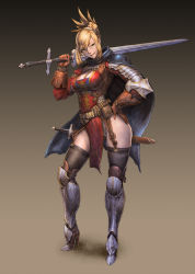 Rule 34 | 1girl, absurdres, armor, belt, belt skirt, blonde hair, boots, breasts, capelet, cleavage, cleavage cutout, clothing cutout, fantasy, full body, green eyes, hand on own hip, high heel boots, high heels, highleg, highres, large breasts, leg armor, looking at viewer, maruyama rui, original, pelvic curtain, smile, solo, standing, sword, thighhighs, thighs, weapon