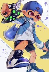 Rule 34 | 1boy, backwards hat, baseball cap, blue hair, blue tongue, blush, colored tongue, dated, fangs, happy birthday, hat, highres, inkling, inkling boy, inkling player character, jacket, kabosudachin, male focus, nintendo, open mouth, red eyes, shoes, shorts, solo, splatoon (series)