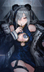 Rule 34 | 1girl, animal ears, arknights, bare shoulders, black dress, black jacket, breasts, china dress, chinese clothes, chromatic aberration, cleavage, cleavage cutout, clothing cutout, dress, ex-trident, unworn eyewear, fang, feater (arknights), gold trim, grey hair, hair over one eye, highres, holding, holding removed eyewear, jacket, long hair, long sleeves, looking at viewer, multicolored hair, open clothes, open jacket, panda ears, red eyes, round eyewear, short dress, sleeveless, sleeveless dress, smile, solo, sunglasses, sunglasses removed, twintails, two-tone hair
