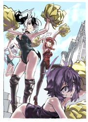 Rule 34 | 4girls, alternate costume, armpits, arms up, aru (blue archive), ass, bare back, bare shoulders, black choker, black footwear, black hair, black leotard, black pantyhose, blue archive, blue sky, boots, breasts, building, cheering, choker, commentary request, day, facing away, falling, floating hair, grimace, halo, haruka (blue archive), high heels, highleg, highleg leotard, highres, holding, holding pom poms, jumping, kayoko (blue archive), large breasts, leotard, long hair, looking ahead, multicolored hair, multiple girls, mutsuki (blue archive), nobita (makoto7060355), open mouth, outdoors, pantyhose, pom pom (cheerleading), pom poms, ponytail, problem solver 68 (blue archive), purple eyes, purple hair, red eyes, red footwear, red hair, red leotard, side ponytail, sky, smile, stairs, standing, strapless, strapless leotard, streaked hair, sweatdrop, thigh boots, white hair