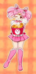 Rule 34 | 1girl, ;d, bishoujo senshi sailor moon, boots, bow, chibi usa, chicken (food), choker, double bun, earrings, elbow gloves, food, gloves, hair bun, hair ornament, jewelry, karasa (tsukasa yu), knee boots, leotard, looking at viewer, magical girl, miniskirt, one eye closed, open mouth, pink hair, pleated skirt, red eyes, sailor chibi moon, sailor collar, short twintails, skirt, smile, solo, tiara, twintails, white gloves, wink