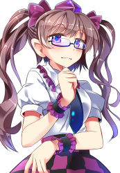 1girl bespectacled blush breasts brown_hair checkered_clothes checkered_skirt collared_shirt disdain e.o. female_focus frilled_shirt_collar frills glasses hat highres himekaidou_hatate long_hair medium_breasts necktie puffy_short_sleeves puffy_sleeves purple_eyes raised_eyebrows semi-rimless_eyewear shirt short_sleeves skirt solo tokin_hat touhou twintails very_long_hair white_background wrist_cuffs