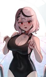 Rule 34 | 1girl, adjusting clothes, adjusting swimsuit, black choker, black hair, black one-piece swimsuit, blush, breasts, choker, cleavage, commentary, covered navel, cropped legs, english commentary, fang, hair ornament, heart, highres, hololive, kotodekun, large breasts, looking at viewer, multicolored hair, navel, one-piece swimsuit, open mouth, pool, pool ladder, poolside, railing, red eyes, red nails, sakamata chloe, solo, streaked hair, swimsuit, virtual youtuber, x hair ornament