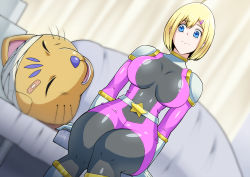 Rule 34 | 1girl, animal, bandages, bandaid, bed, bed sheet, blonde hair, blue eyes, bodysuit, breasts, breasts apart, closed eyes, closed mouth, groin, highres, indoors, injury, large breasts, legs, legs together, looking to the side, lying, open mouth, original, shiny clothes, short hair, sitting, smile, stool, thighs, under covers