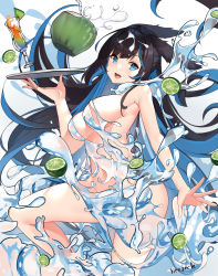 Rule 34 | 1girl, :d, absurdres, animal ears, artist name, bare arms, bare shoulders, black hair, blue eyes, blue hair, breasts, coconut, cup, drinking glass, food, fruit, highres, holding, holding tray, hydrokinesis, large breasts, leg up, lime (fruit), liquid clothes, long hair, looking at viewer, navel, open mouth, original, revealing clothes, simple background, smile, solo, standing, standing on one leg, tray, very long hair, vierzeck, water, white background