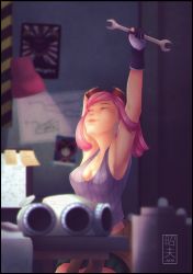 Rule 34 | 1girl, absurdres, aki-, arm up, blurry, blurry background, boku no hero academia, breasts, cleavage, closed eyes, goggles, goggles on head, hatsume mei, highres, huge filesize, indoors, light, medium breasts, sitting, sleeveless, solo, sticky note, stretching, table, watermark, wrench