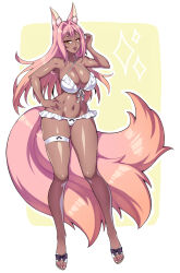Rule 34 | 1girl, absurdres, animal ears, bikini, black bow, bow, bow bikini, breasts, brown footwear, cleavage, collarbone, dark skin, eyeshadow, fox ears, fox girl, fox tail, hand on own hip, highres, large breasts, long hair, looking at viewer, makeup, navel, parted lips, pink hair, sandals, sparkle, standing, swimsuit, tail, teeth, thigh strap, white bikini, yellow background, yellow eyes, zeshgolden