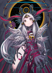Rule 34 | 1girl, absurdres, animal ears, claws, closed mouth, expressionless, fur, gluteal fold, grey background, head tilt, highres, horns, izayoi cha, long hair, looking at viewer, multiple wings, original, red ribbon, ribbon, silver hair, solo, standing, third eye, wings, yellow eyes
