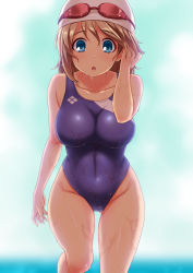 Rule 34 | 10s, 1girl, :o, blue eyes, blue one-piece swimsuit, blurry, blush, breasts, brown hair, competition swimsuit, covered navel, depth of field, dripping, gluteal fold, goggles, goggles on head, gradient background, groin, hair between eyes, tucking hair, hand in own hair, highres, large breasts, looking at viewer, love live!, love live! school idol project, love live! sunshine!!, one-piece swimsuit, shimashima salmon, skin tight, solo, swim cap, swimsuit, thigh gap, watanabe you, water, wet, wet hair