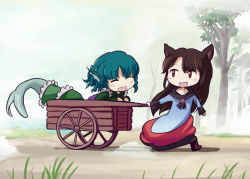 Rule 34 | 2girls, :d, animal ears, blue hair, blush stickers, boots, brooch, brown hair, cart, chibi, curly hair, day, dress, fang, fins, head fins, imaizumi kagerou, japanese clothes, jewelry, kimono, long dress, long hair, looking at another, looking back, lying, mermaid, monster girl, multiple girls, on stomach, open mouth, outdoors, red eyes, road, short hair, smile, street dog, touhou, tree, wagon, wakasagihime, walking, werewolf, wolf ears
