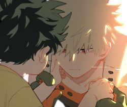 Rule 34 | 2boys, aged down, artist name, bakugou katsuki, blonde hair, boku no hero academia, child, closed mouth, commentary request, film grain, freckles, gloves, green eyes, green gloves, green shirt, hand on another&#039;s face, holding another&#039;s arm, light, looking at another, looking down, male focus, mantos no.7, midoriya izuku, multicolored clothes, multicolored gloves, multiple boys, orange gloves, red eyes, shirt, short hair, spiked hair, thai commentary, time paradox