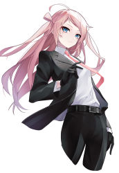 Rule 34 | 1girl, absurdres, belt, belt buckle, black belt, black gloves, black jacket, black pants, blue eyes, buckle, closed mouth, collared shirt, cropped legs, dress shirt, floating hair, formal, gloves, haisoufx, highres, jacket, leaning back, long hair, long sleeves, looking at viewer, love live!, love live! nijigasaki high school idol club, mole, mole under eye, necktie, open clothes, open jacket, pant suit, pants, pink hair, pink necktie, shirt, simple background, smile, solo, standing, suit, swept bangs, very long hair, white background, white shirt, wing collar, zhong lanzhu