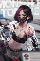 Rule 34 | 1girl, absurdres, barcode tattoo, beige pants, belt, belt buckle, black bra, black hair, blurry, blurry background, blurry foreground, bob cut, bra, breasts, buckle, cellphone, chain, chaps, chromatic aberration, cleavage, cleavage cutout, clenched hand, clothing cutout, collarbone, commentary, cowboy shot, cropped jacket, cyberpunk, dated commentary, depth of field, detached sleeves, earrings, emblem, facial mark, gem, hand on own hip, highres, holding, holster, jacket, jewelry, large breasts, looking at viewer, mask, mercedes-benz, midriff, mouth mask, multicolored hair, multiple piercings, nail polish, navel, necklace, open clothes, open jacket, original, pants, phone, pink hair, pointing, pointing up, product placement, red eyes, ring, san mufan, see-through, short hair, skull necklace, smartphone, solo, sports bra, stomach, streaked hair, stud earrings, tattoo, two-tone hair, underwear